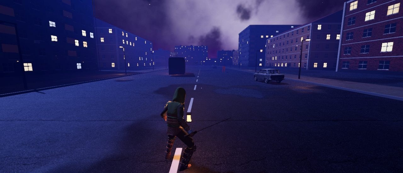 Chernaya Tamga: the player walks down a dark Aktobe avenue under a violet, sunless sky.