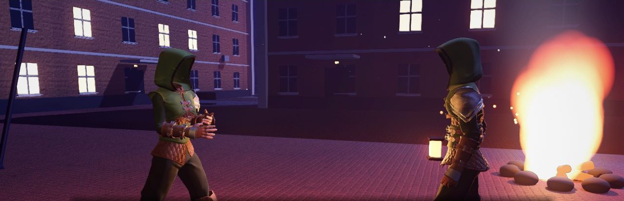 Two hooded survivors talk beside a bonfire in a brick courtyard at night.